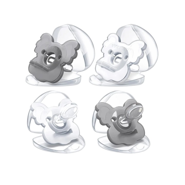 Комплект от 4 бр. залъгалки за бебета 6-18 месеца Tyry.Hu, силиконови, сиви/прозрачни, 5 х 5,5 см