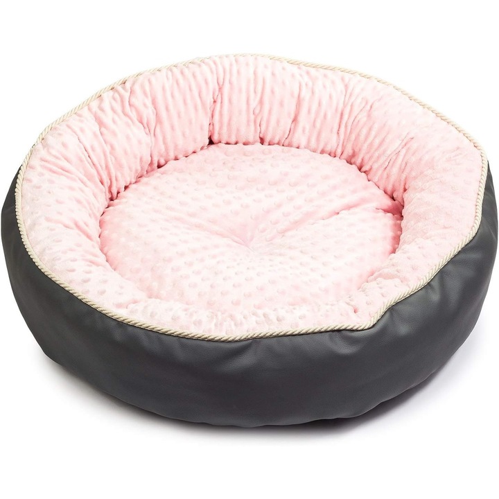 Pat pentru caini si pisici, S 54 x 54 x 16 cm, gri inchis-roz, imitatie de piele, material plusat