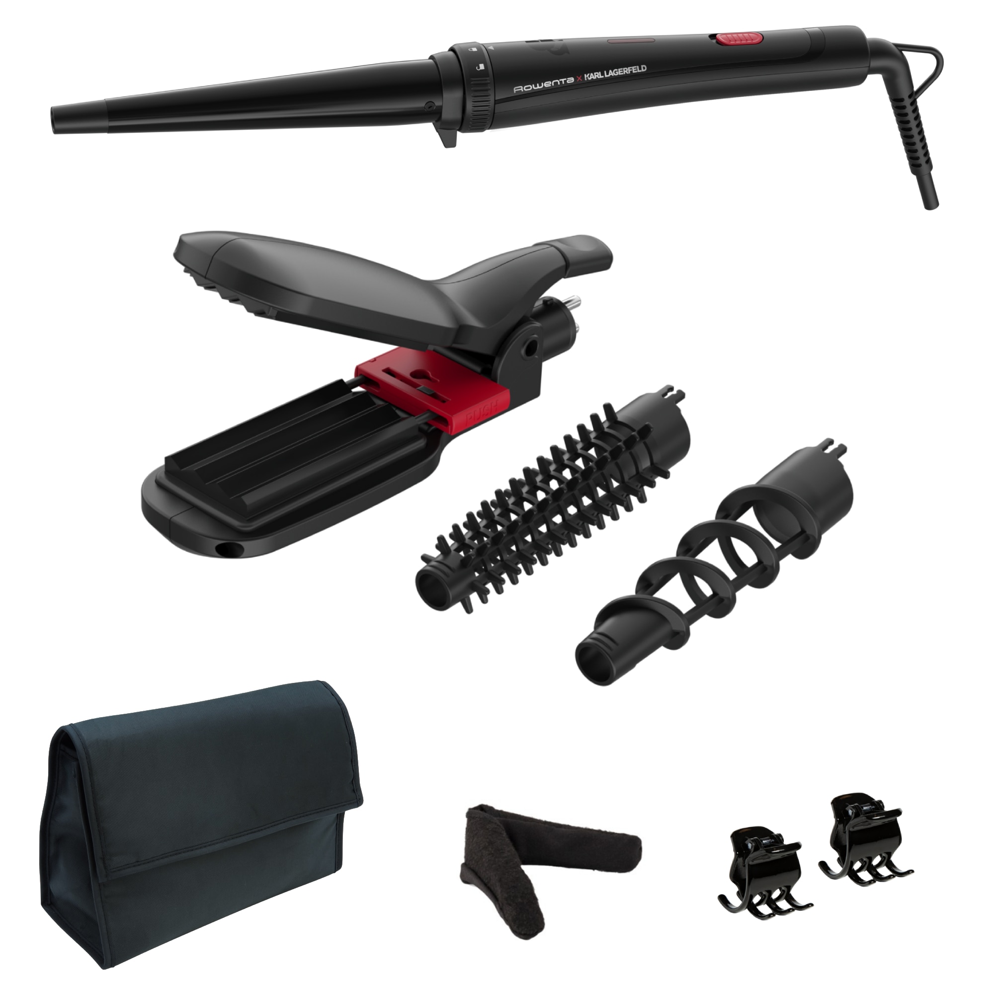 Aparat de coafat Rowenta x Karl Lagerfeld Infinite Looks CF422LF0, 9 accesorii, invelis ceramic, placa 2 in 1 pentru creponat/indreptat, geanta pentru transport, manusa de protecti