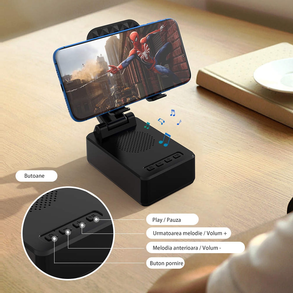 Boxa cu suport telefon/tableta reglabil si pliabil, Bluetooth v5.3,1500 ...