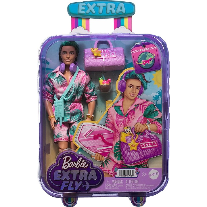 Papusa Barbie, Extra Fly Ken, in cutie-troller cu accesorii, 30 cm