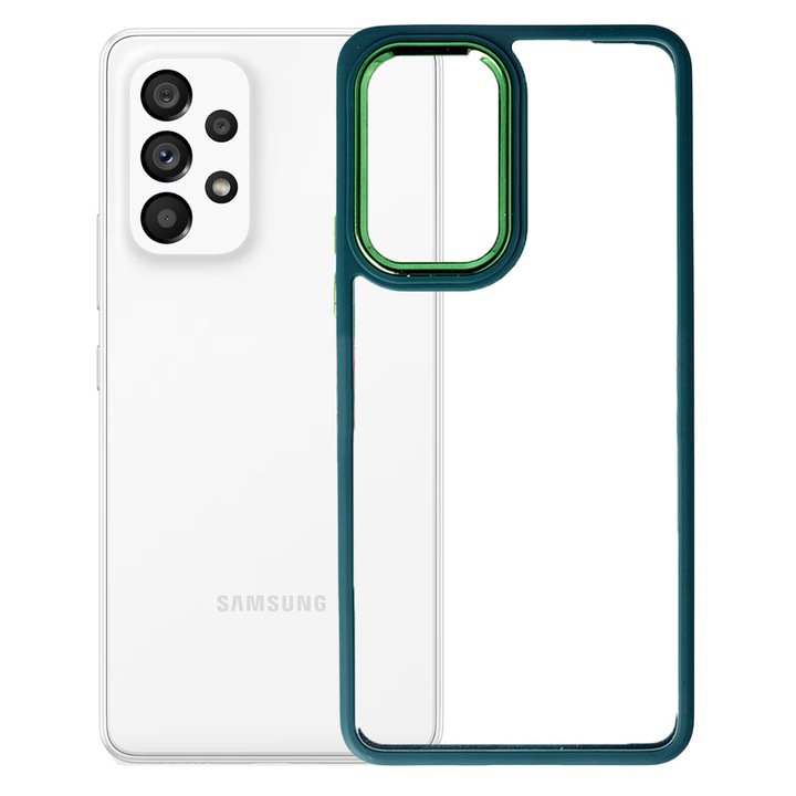 Калъф с прозрачен гръб, съвместим със Samsung Galaxy A53 5G, твърд гръб от поликарбонат, TPU ръбове, метална рамка на камерата, повдигнати ръбове, защита против удар, тъмнозелен/прозрачен