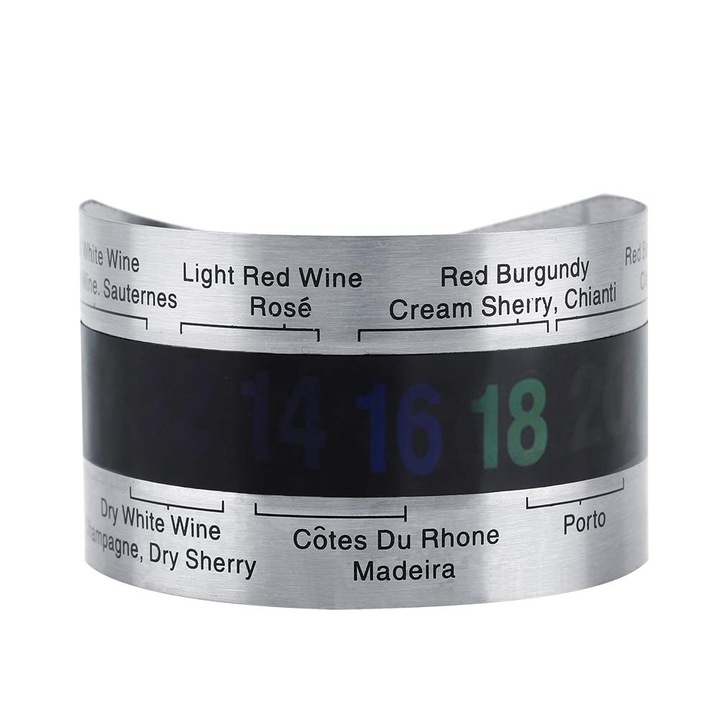 Термометър от неръждаема стомана за бутилка вино, LCD цифров дисплей, термохромен материал, градуировка 4 - 24 °C, размери 6x3,7 см, Luxer