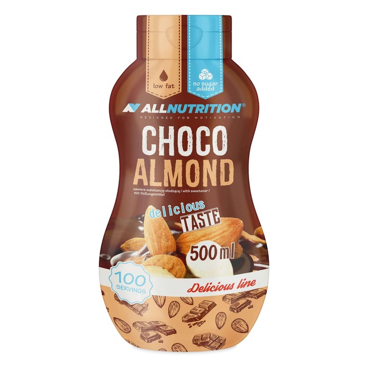 Topping, sos dulce fara zahar, Allnutrition Sweet Sauce, Ciocolata-Migdale, 500 ml, fara zahar, hipocaloric