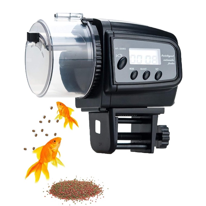 Hranitor automat pentru acvariu, NUODWELL, Utilizare manuala si automata, Doua metode de fixare, Cu afisaj LCD si 2 x baterii AAA, Plastic, 11.5 x 10cm, Negru/Transparent