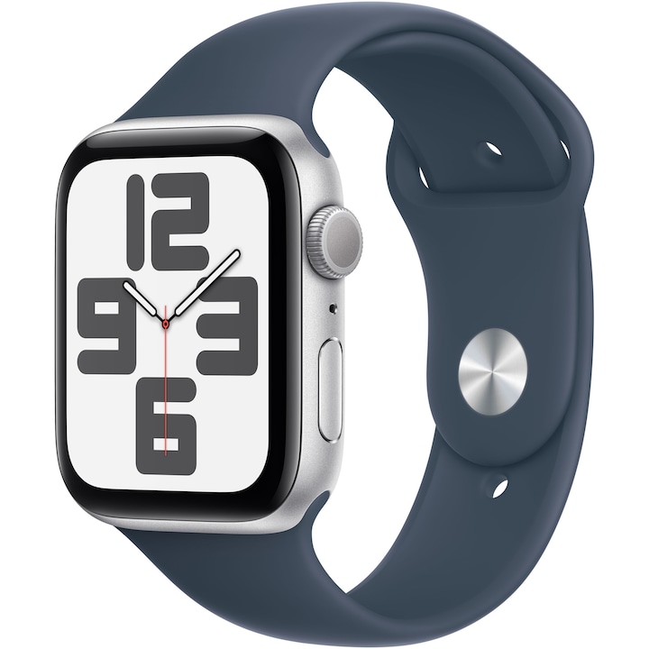 Смарт часовник Apple Watch SE2 v2, 44 мм, Silver Aluminium Case, Storm Blue Sport Band - S/M
