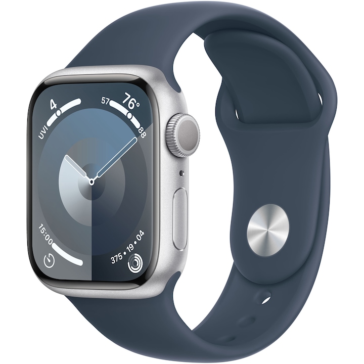 Apple Watch Series 9 GPS, 41mm, Ezüst alumíniumtok, viharkék sportszíj - S/M