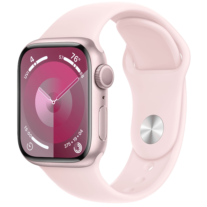 Apple Watch Series 9 GPS, 41mm, Rózsaszín alumíniumtok, világos rózsaszín sportszíj - S/M