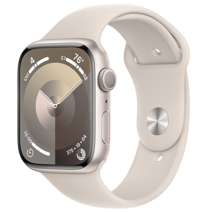 Apple Watch 9, GPS, Carcasa Starlight Aluminium 45mm, Starlight Sport Band - S/M