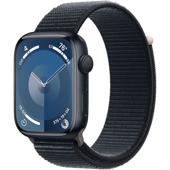 Apple Watch Series 9 GPS, 45mm, Éjfekete alumíniumtok, éjfekete sportpánt
