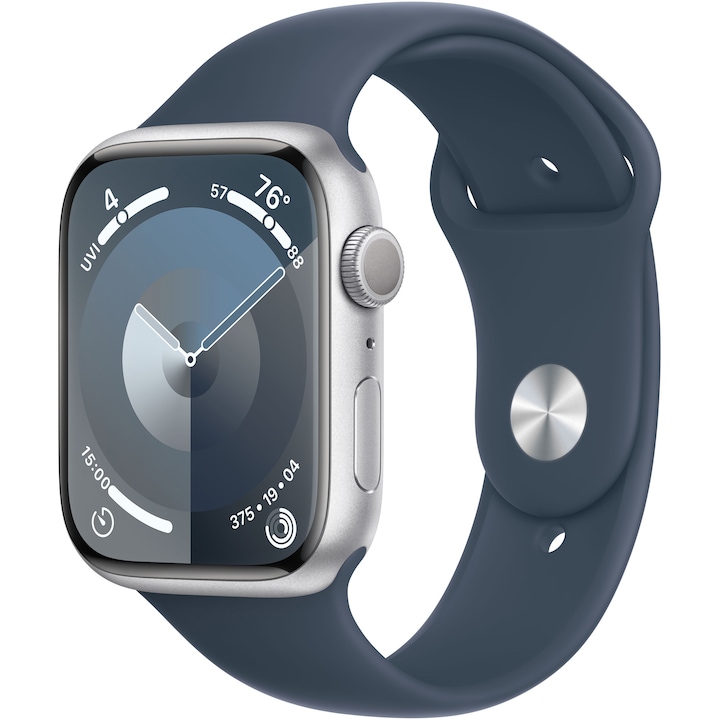 Apple Watch Series 9 GPS, 45mm, Ezüst alumíniumtok, viharkék sportszíj - S/M