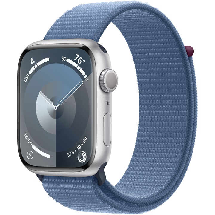 Apple Watch 9, GPS, Carcasa Silver Aluminium 45mm, Winter Blue Sport Loop