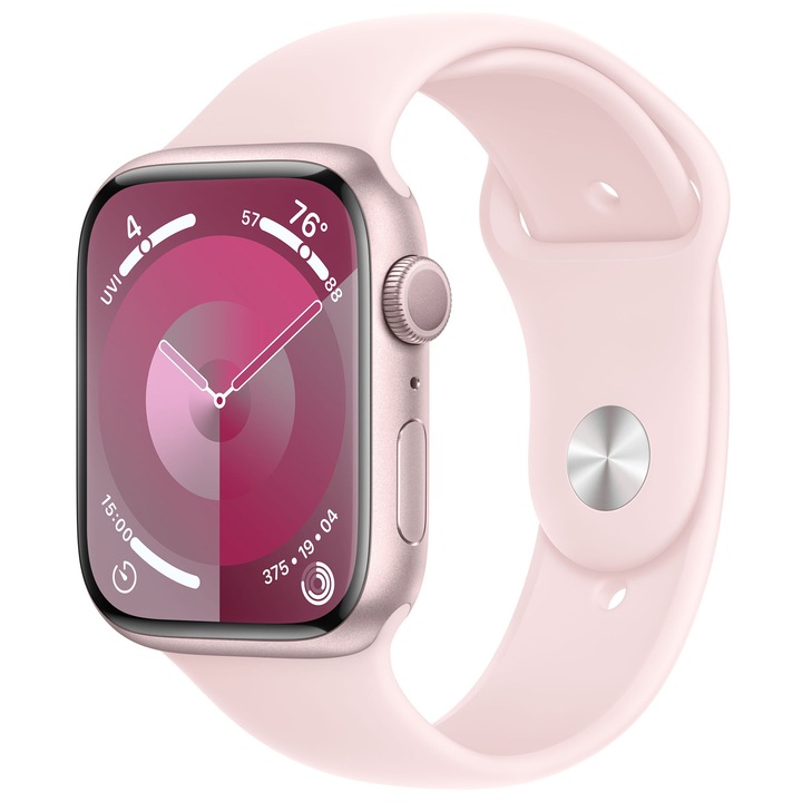 Apple Watch 9, GPS, Carcasa Pink Aluminium 45mm, Light Pink Sport Band - S/M