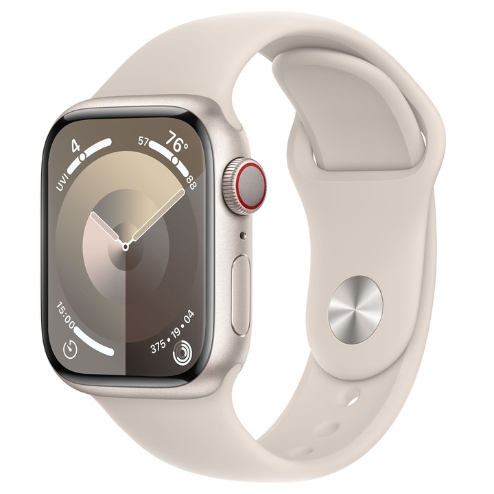 Смарт часовник Apple Watch 9, 41 мм, Cell, Starlight Aluminium Case, Starlight Sport Band - M/L