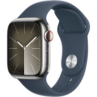Apple Watch 9, GPS, Cellular, Carcasa Silver Stainless Steel 41mm, Storm Blue Sport Band - S/M