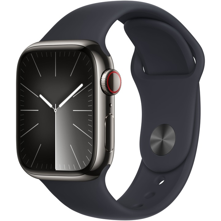 Смарт часовник Apple Watch 9, 41 мм, Cell, Graphite Stainless Steel Case, Midnight Sport Band - S/M