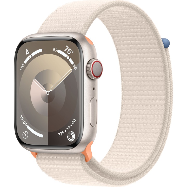 Смарт часовник Apple Watch 9, 45 мм, Cell, Starlight Aluminium Case, Starlight Sport Loop