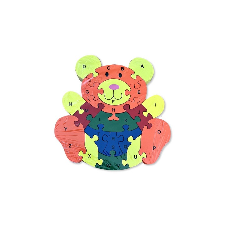 Puzzle 3D din lemn incastru, Ursulet cu cifre si litere, 26 piese