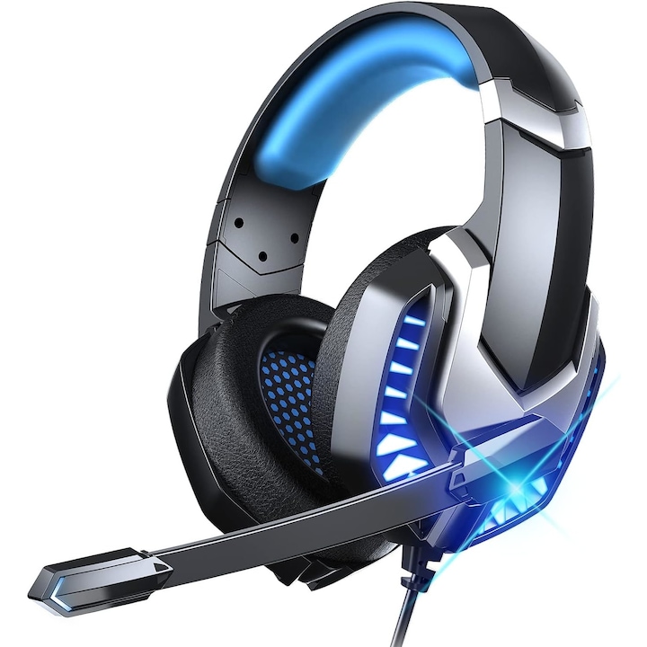 Axeloni ® J30 gaming headset, fekete, kék LED-ekkel, 3,5 mm-es jack csatlakozóval, sztereó hanggal, háttérzaj-csökkentéssel, PC Laptophoz, Mac-hez, PS4-hez, PS5-höz, Xbox One-hoz