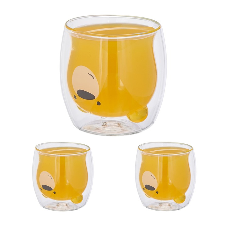 Cana termorezistenta, in forma de ursulet, pereti dubli, sticla borosilicata, pentru bauturi calde si reci, 300 ml fiecare, Set de 3