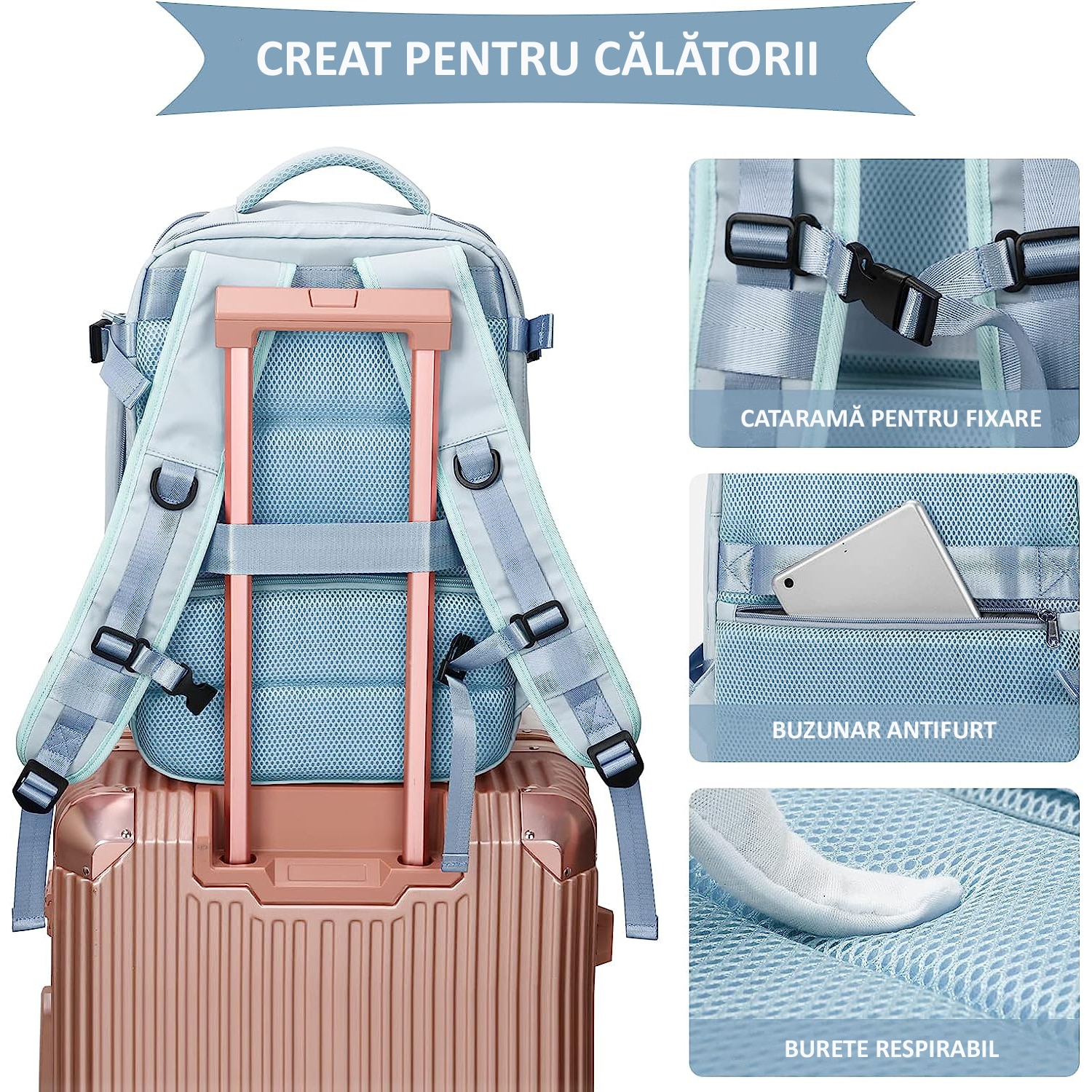 Rucsac de Calatorie, WizzAir, Multifunctional, port de incarcare USB, pana la 35 L, Impermeabil, 42x30x20 cm, Albastru deschis, OBRALIX®