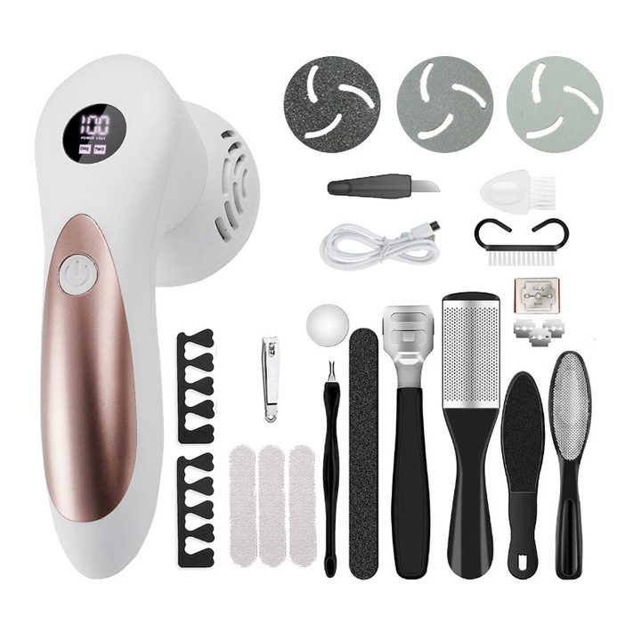 Pila Electrica pentru Talpi si Calcaie Clavi, cu 18 accesorii, Indepartare Piele Moarta si Bataturi, Afisaj Digital, Incarcare USB, Alb