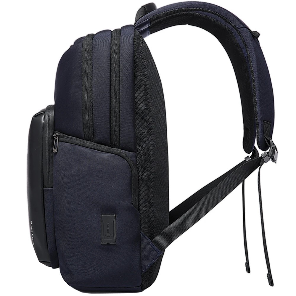 Rucsac laptop 15.6", casual business, impermeabil cu detalii din piele ecologica, buzunar antifurt, porturi USB si tip C, BANGE, 21x10x39 cm, Albastru