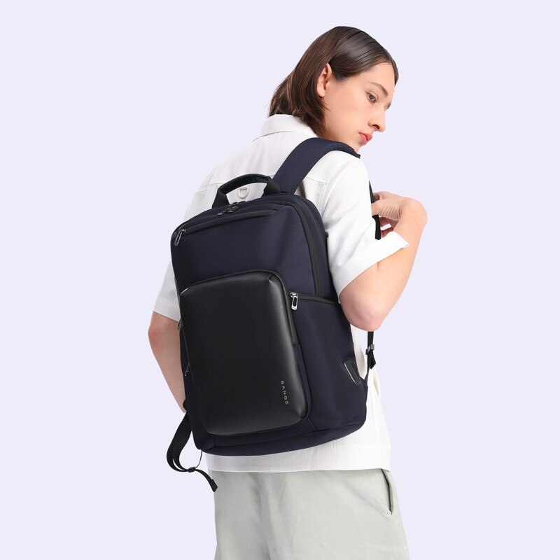 Rucsac laptop 15.6", casual business, impermeabil cu detalii din piele ecologica, buzunar antifurt, porturi USB si tip C, BANGE, 21x10x39 cm, Albastru