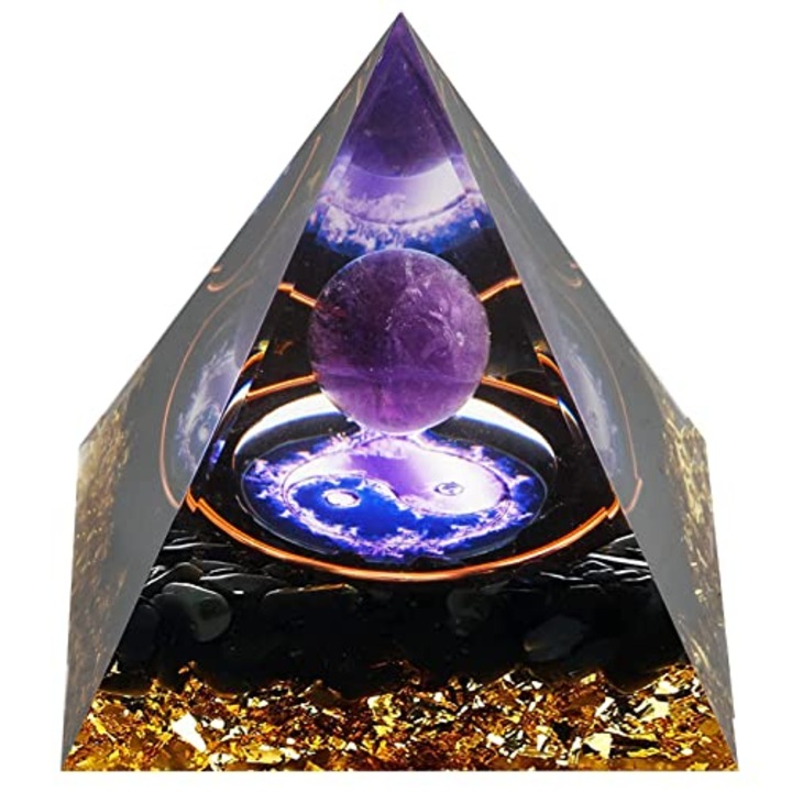 Piramida Orgonica cu cristale de ametist, obsidian, foita de aur, rasina naturala, sfera din cristal ametist, reduce stresul