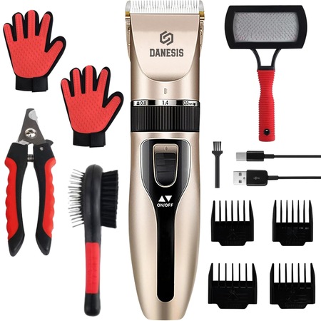 Masina de Tuns Caini si Pisici Danesis™, 8200RPM 10W, Lama reglabila din Ceramica si Titan, Baterie Reincarcabila, Cablu USB, Perie dubla cu dinti si peri, Unghiera Profesionala si 2 Manusi Grooming incluse