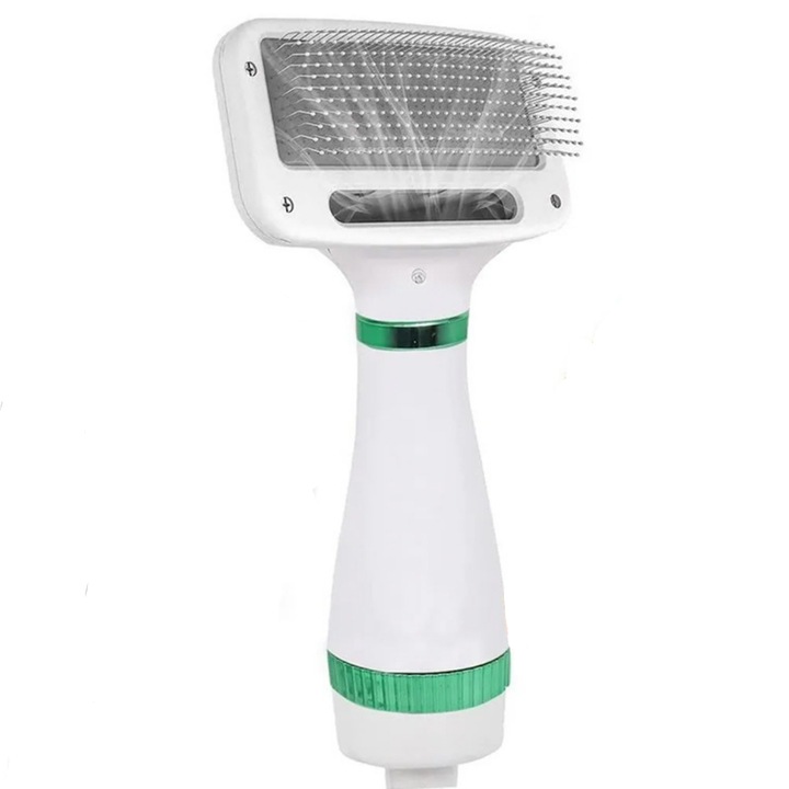 Perie 2 in 1 pentru Animale cu Uscator, 2 Moduri de Uscare, Piele Sanatoasa si Blana Lucioasa, Silentios, 300W, Alb/Verde