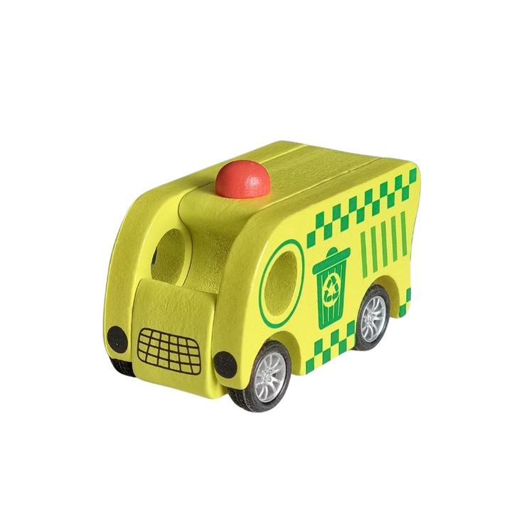 Masina de gunoi galben, jucarie lemn, tragi in spate si merge in fata, 7.3X3.5X5