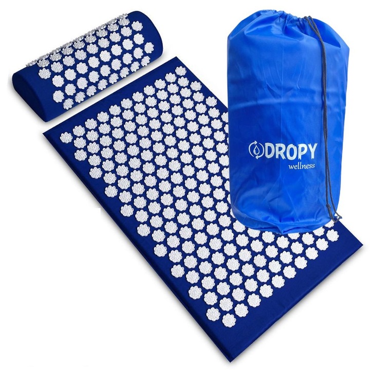 Set saltea si perna acupunctura DROPY® pentru ameliorarea durerilor de spate, gat si a punctelor de presiune, relaxare musculara, albastru