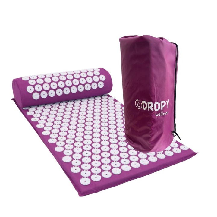 Set saltea si perna acupunctura DROPY® pentru ameliorarea durerilor de spate, gat si a punctelor de presiune, relaxare musculara, mov