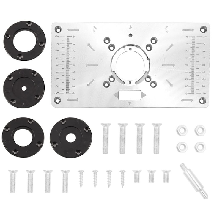 Placa inserare masa de frezat cu inele, Cafuneplus®, 235 x 120 x 8 mm, Aluminiu/Plastic, Argintiu/Negru