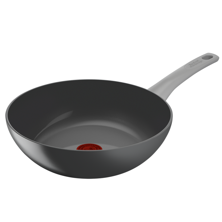 Tigaie wok Tefal Renew On, 100% aluminiu reciclat, indicator Thermo-Signal, compatibil cu inductia, invelis ceramic, 28 cm, gri