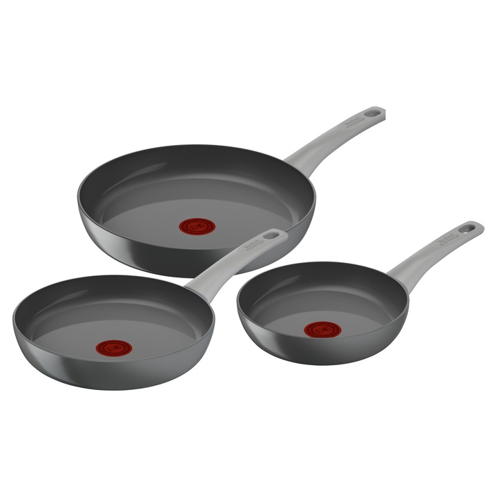 Комплект 3 тигана Tefal Renew On, 20/24/28 см, 100% рециклиран алуминий, Индикатор Thermo-Signal, Съвместим с индукция, Керамично покритие, Сив