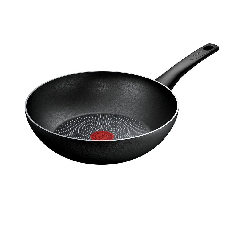 Tigaie wok Tefal Force, 28 cm, inductie, indicator Thermo-Signal, invelis antiaderent Titanium, negru