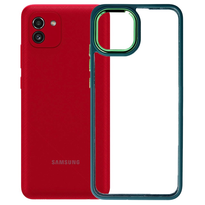 Калъф с прозрачен гръб, съвместим с Samsung Galaxy A03 4G, твърд гръб от поликарбонат, ръбове от TPU, метална рамка на камерата, повдигнати ръбове, защита против удар, тъмнозелен/прозрачен