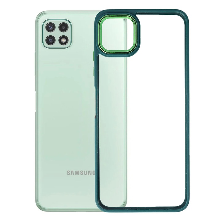 Калъф с прозрачен гръб, съвместим със Samsung Galaxy A22 5G, твърд гръб от поликарбонат, TPU ръбове, метална рамка на камерата, повдигнати ръбове, защита против удар, тъмнозелен/прозрачен