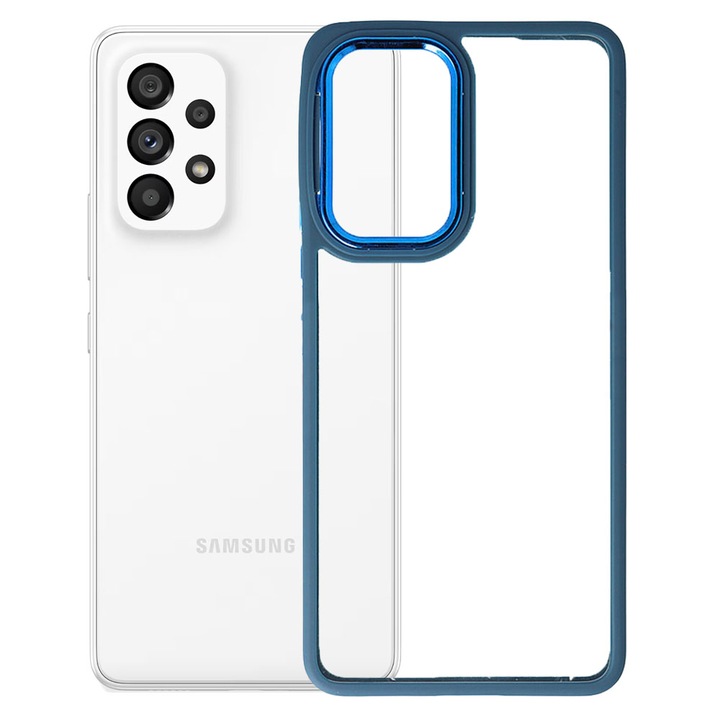 Калъф с прозрачен гръб, съвместим със Samsung Galaxy A53 5G, твърд гръб от поликарбонат, TPU ръбове, метална рамка на камерата, повдигнати ръбове, защита против удар, син/прозрачен