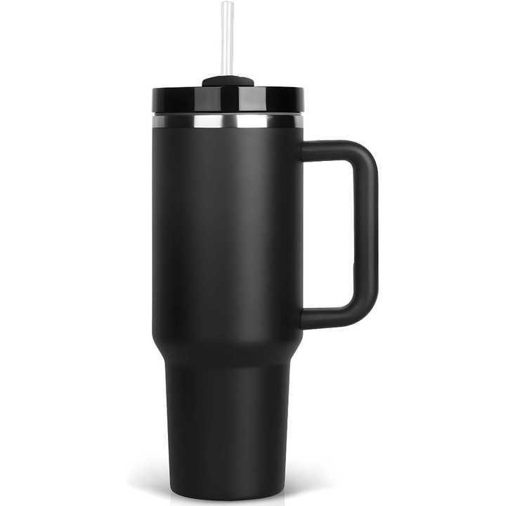 Cana termos, 1200ml, Cu maner, Capac si Pai, Reutilizabila, Din otel inoxidabil, Pentru bauturi calde si reci, Negru