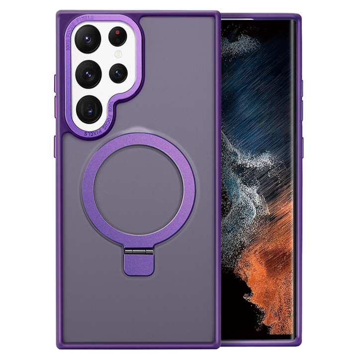 Husa pentru Samsung S24 Ultra Premium Magsafe Ring, Inel de Prindere, Incarcare Wireless, Protectie Camera, Antisoc, Fumuriu cu margini Mov