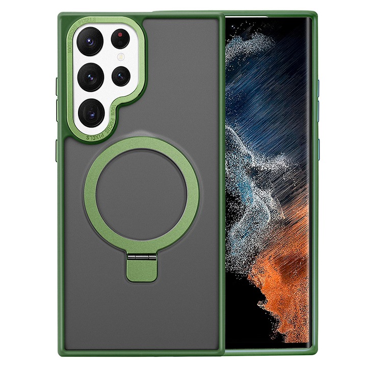 Husa pentru Samsung S24 Ultra Premium Magsafe Ring, Inel de Prindere, Incarcare Wireless, Protectie Camera, Antisoc, Fumuriu cu margini Verzi