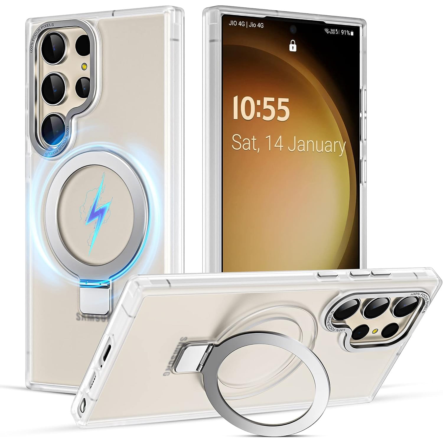Husa pentru Samsung S24 Ultra Premium Magsafe Ring, Inel de Prindere, Incarcare Wireless, Protectie Camera, Antisoc, Fumuriu cu margini Transparente