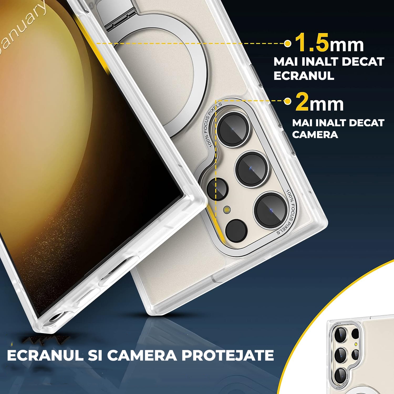 Husa pentru Samsung S24 Ultra Premium Magsafe Ring, Inel de Prindere, Incarcare Wireless, Protectie Camera, Antisoc, Fumuriu cu margini Transparente