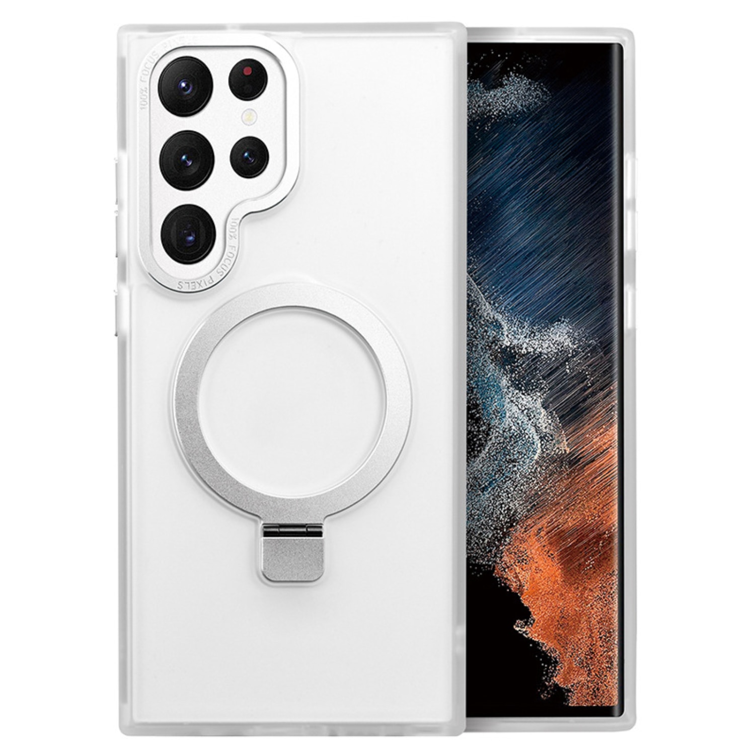 Husa pentru Samsung S24 Ultra Premium Magsafe Ring, Inel de Prindere, Incarcare Wireless, Protectie Camera, Antisoc, Fumuriu cu margini Transparente