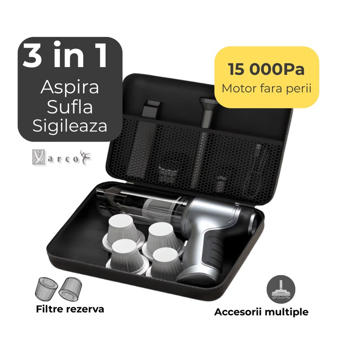 Aspirator Portabil YARCO Silver 3 in 1 – Aspirare, Suflare, Sigilare