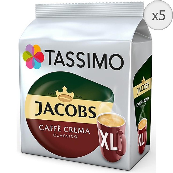 Set 5X Capsule cafea Tassimo Jacobs Café Crema XL, 80 bauturi x 215 ml, 80 capsule