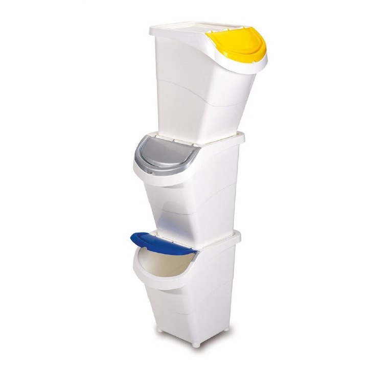 Cos de gunoi din plastic de 40 litri, stivuibil, alb, reciclabil, pentru sortarea rufelor + capac. Set 3 buc